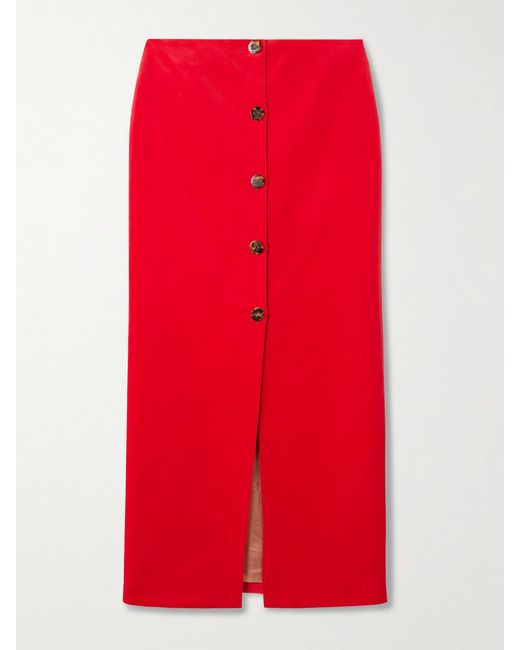 Blazé Milano Red Jealousy Malaya Button-Embellished Cotton And Linen-Blend Velvet Midi Skirt