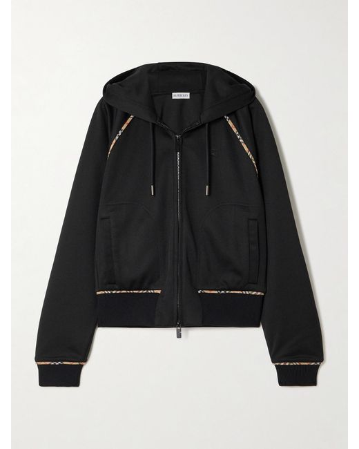 Burberry Black Checked Piqué-Trimmed Jersey Hooded Track Jacket