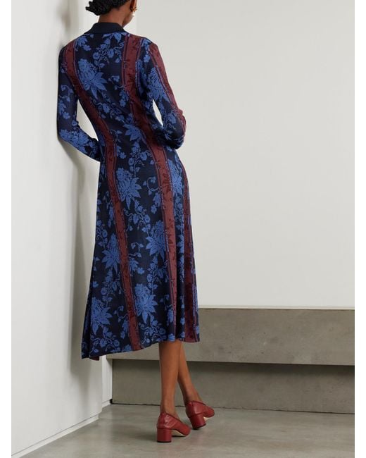 Etro Blue Midi-Hemdblusenkleid Aus Jacquard-Strick Mit Blumenmuster