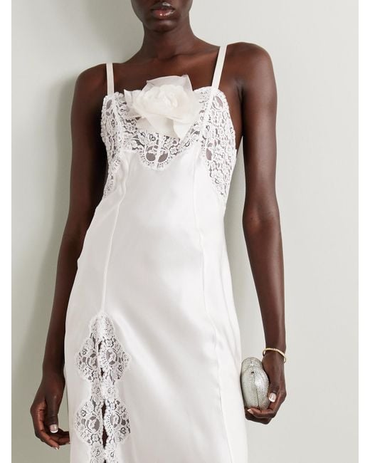 Rodarte White Embellished Lace-Trimmed Silk-Satin Midi Dress