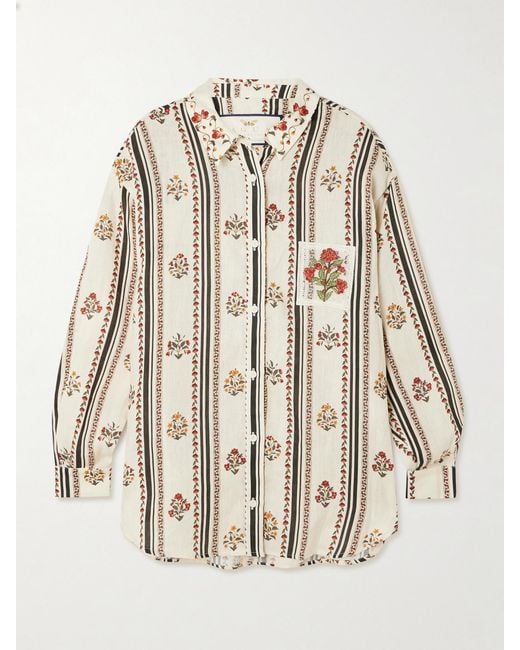 Agua Bendita Natural Cecilia Andes Appliquéd Floral-Print Linen Shirt