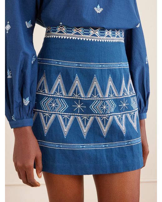Emporio Sirenuse Blue Giuliana Embroidered Cotton And Linen-Blend Mini Skirt