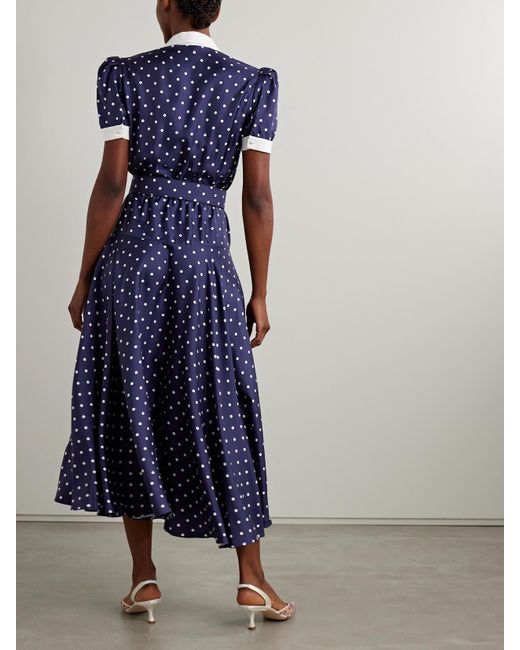 Rodarte Blue Midikleid Aus Seiden-Twill Mit Polka-Dots, Crêpe-De-Chine-Besätzen Und Gürtel