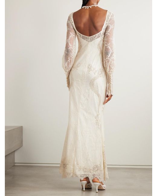 Clio Peppiatt White Flora Embellished Lace Gown