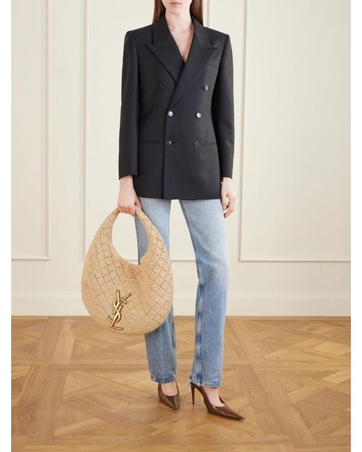 Saint Laurent Natural Icare Cassandre-Embellished Woven Raffia Shoulder Bag