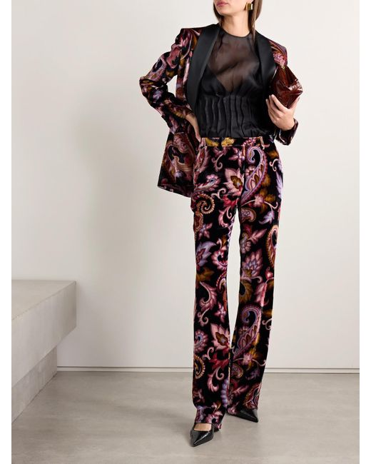 Etro Black Paisley-Print Velvet Straight-Leg Pants