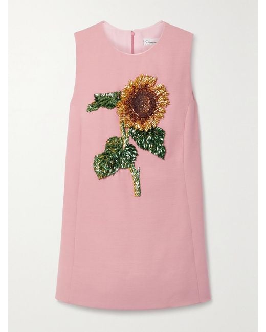 Oscar de la Renta Pink Embellished Wool And Silk-Blend Mini Dress
