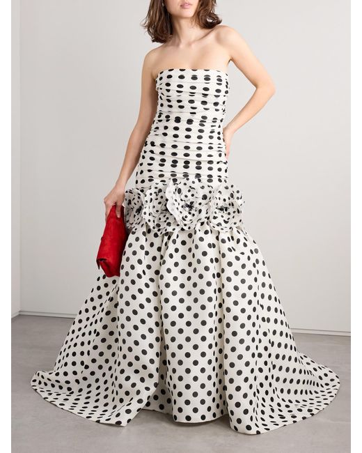 Strapless Bandage Polka Dot Tulle Gown, White