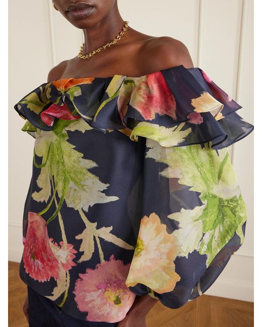 Carolina Herrera Blue Off-The-Shoulder Floral-Print Silk-Organza Top