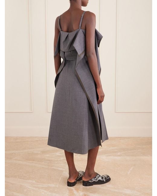 Sacai Gray Pleated Ruffled Wool Midi Dress