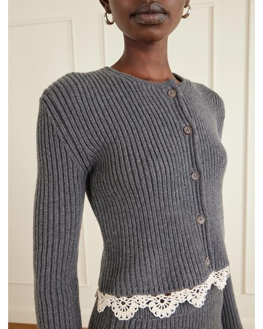 Magda Butrym Blue Cropped Lace-Trimmed Ribbed Wool Cardigan