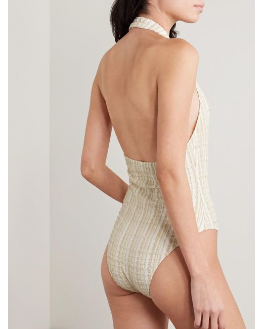Lisa Marie Fernandez White Polo Striped Seersucker Halterneck Swimsuit
