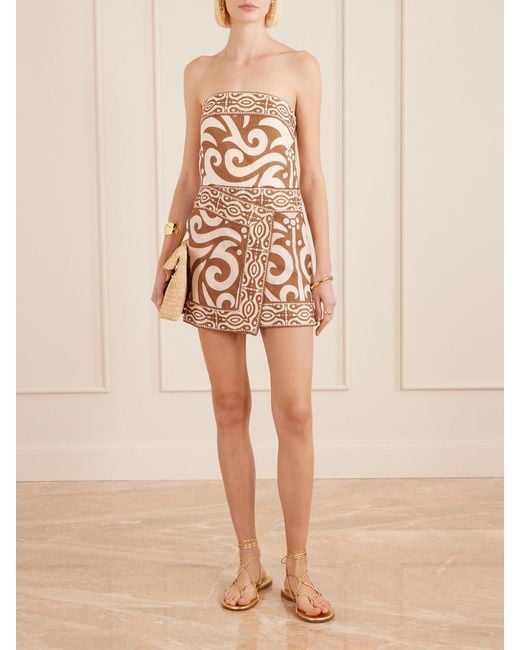 Johanna Ortiz Brown Raiz Ritual Strapless Printed Linen Mini Dress