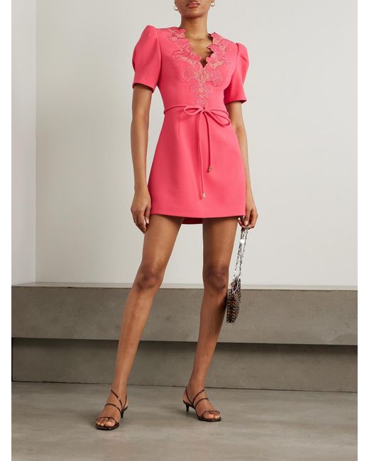 Rebecca Vallance Pink Lulu Belted Lace-Trimmed Cady Mini Dress