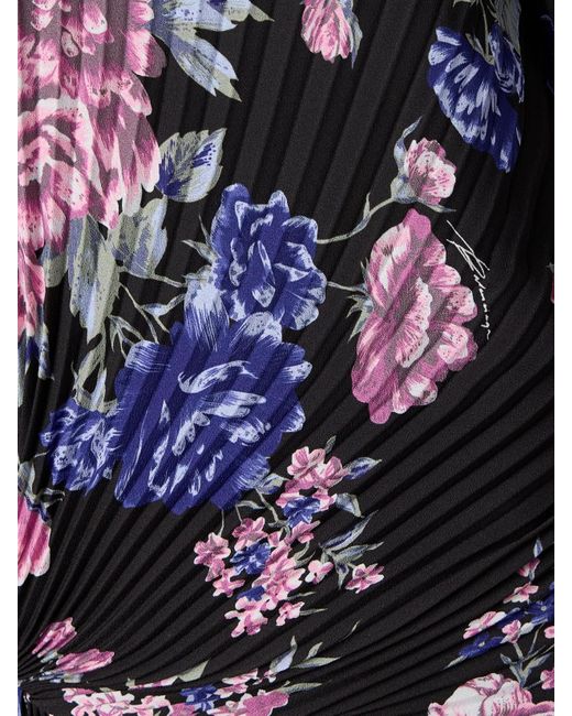Balenciaga Blue Cape-Effect Floral-Print Plissé-Crepe Gown