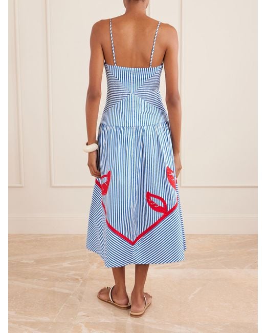 Farm Rio White Sky Striped Embroidered Cotton Poplin Midi Dress