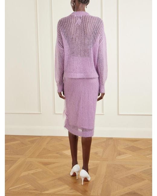The Attico Purple Feather-Trimmed Crochet-Knit Mohair-Blend Sweater