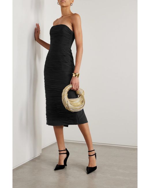 Carolina Herrera Black Strapless Ruched Silk-Crepe Midi Dress