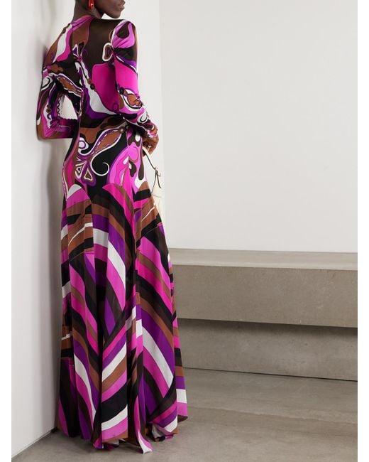 Emilio Pucci Purple Pleated Paneled Printed Satin-Jersey And Stretch-Mesh Maxi Dress