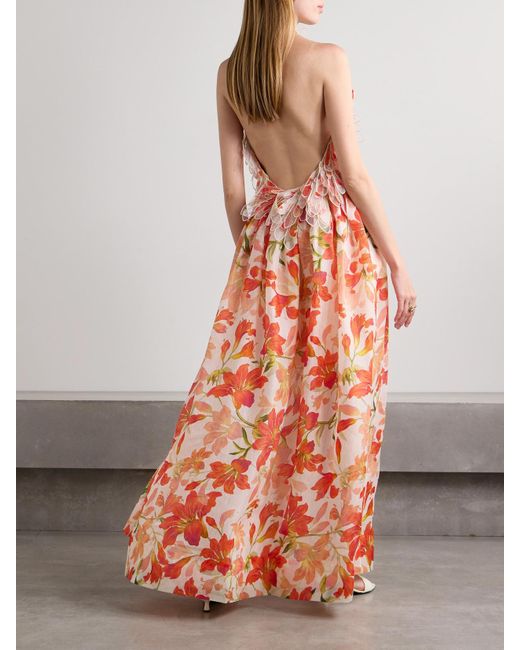 Zimmermann White Tranquility Appliquéd Floral-Print Linen And Silk-Blend Halterneck Maxi Dress