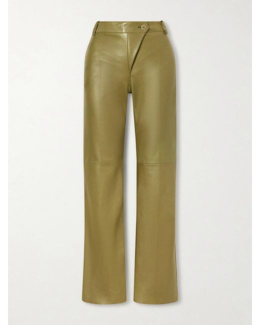 Chloé Green High-Rise Paneled Leather Straight-Leg Pants