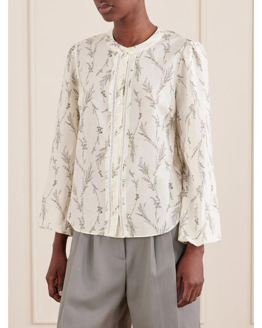 Veronica Beard Natural Emiko Floral-Print Embroidered Cotton And Silk-Blend Shirt