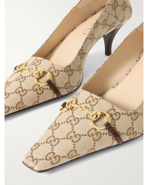 Gucci Natural Vittoria Collapsible-Heel Horsebit-Embellished Leather-Trimmed Canvas-Jacquard Pumps