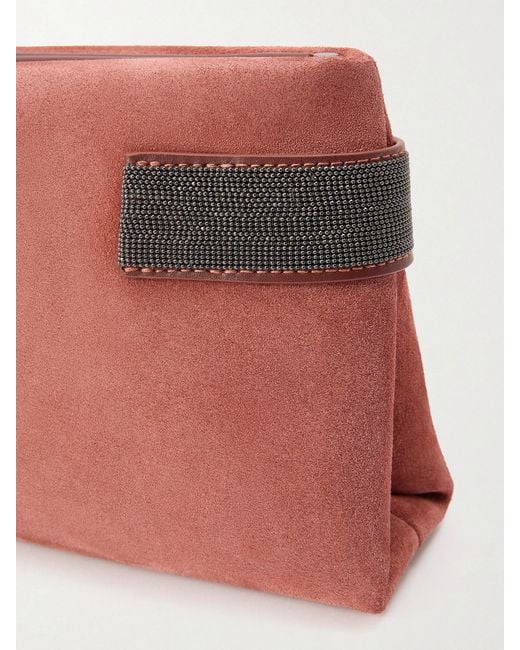 Brunello Cucinelli Pink Essence Bead-Embellished Leather-Trimmed Suede Clutch