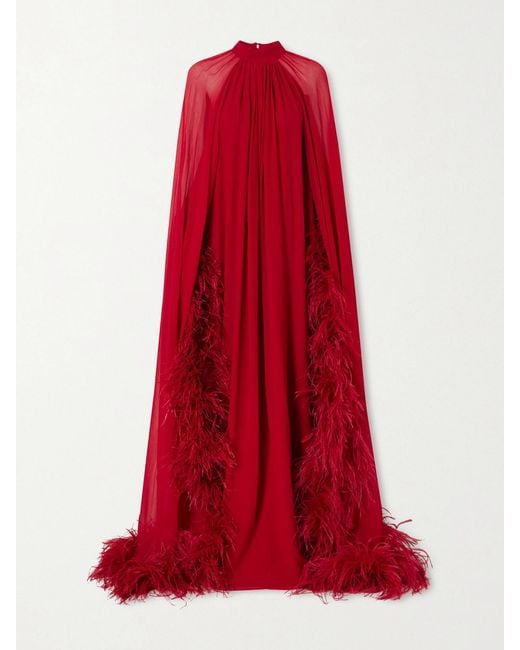 ‎Taller Marmo Red Eterea Cape-Effect Feather-Trimmed Chiffon Gown