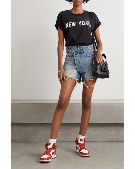 R13 Blue Crossover Asymmetric Distressed Denim Shorts