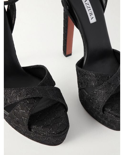 Aquazzura Black Divine Plateau 130 Metallic Woven Platform Sandals