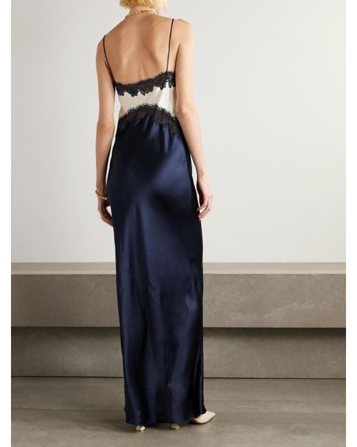 Rebecca Vallance Blue Aumoe Lace-Trimmed Silk-Satin Gown