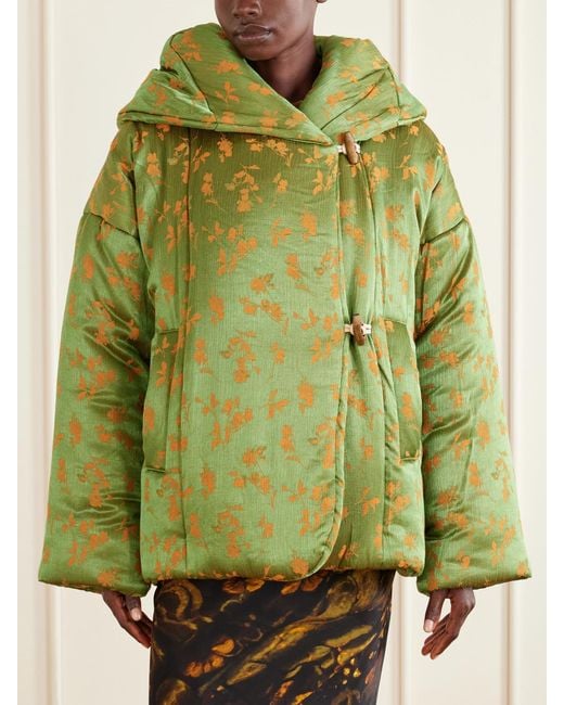 Dries Van Noten Green Hooded Padded Floral-Jacquard Short Jacket