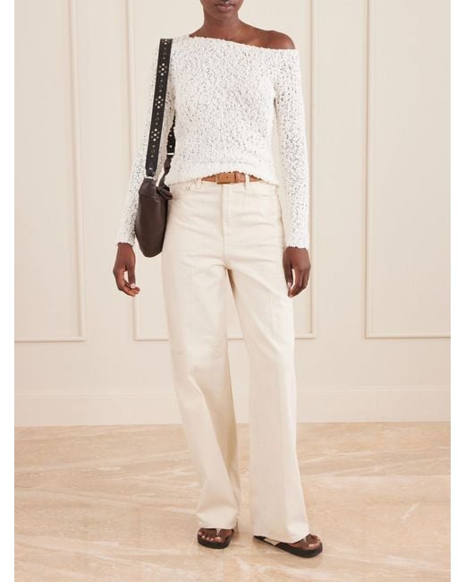 The Elder Statesman White Vine Off-The-Shoulder Cotton-Blend Bouclé Sweater