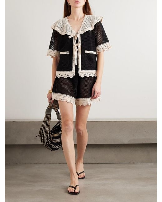 Short En Coton À Mailles Ajourées Et À Finitions En Crochet Kendall Sea en coloris Black