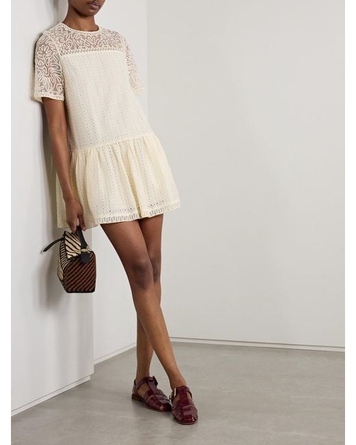 Ulla Johnson Natural Gabi Minikleid Aus Einer Baumwoll-Seidenmischung Mit Lochstickerei Und Tüllbesätzen