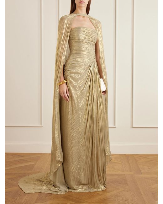 Marmar Halim Natural Cape-Effect Plissé Metallic-Satin Gown