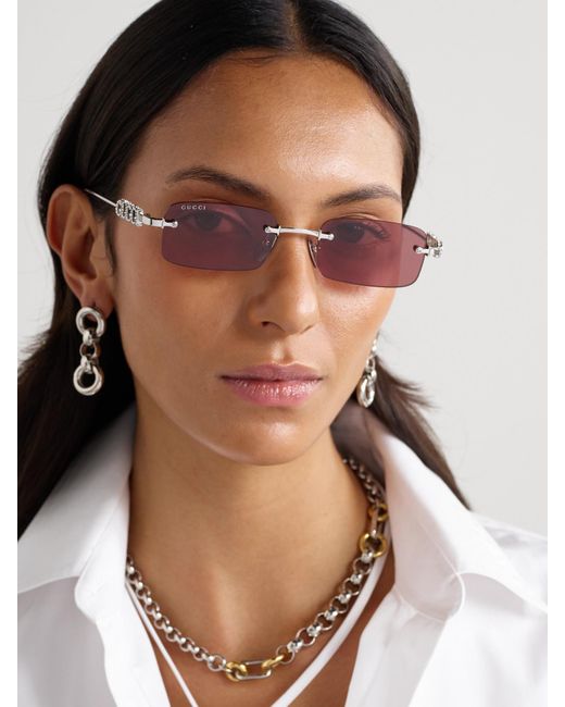 Gucci Pink Lettering Randlose Silberfarbene Sonnenbrille Mit Rechteckigen Gläsern Und Kristallen