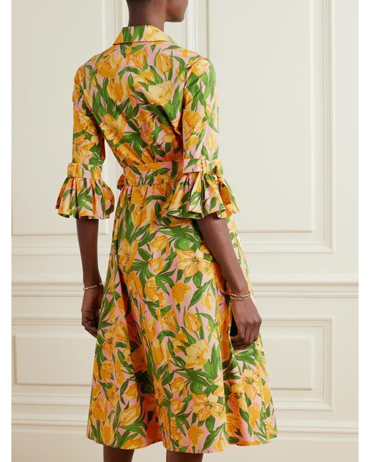 Carolina Herrera Yellow Belted Pleated Floral-Print Cotton-Poplin Midi Shirt Dress