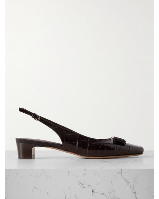 Ferragamo Natural Rivada Bow-Embellished Croc-Effect Leather Sling-Back Pumps