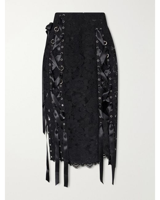 Simone Rocha Black Unraveling Ribbon Ring Asymmetric Embellished Lace And Satin Midi Skirt