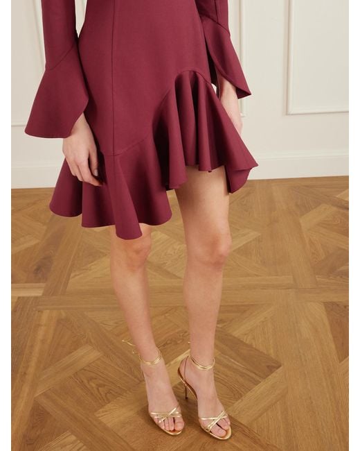 Oscar de la Renta Red Asymmetric Ruffled Wool-Blend Crepe Midi Dress