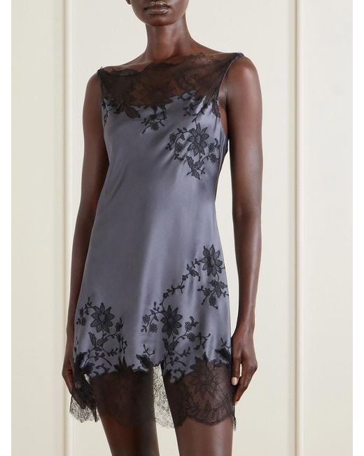 Carine Gilson Blue Lace-Embroidered Silk-Satin Mini Dress