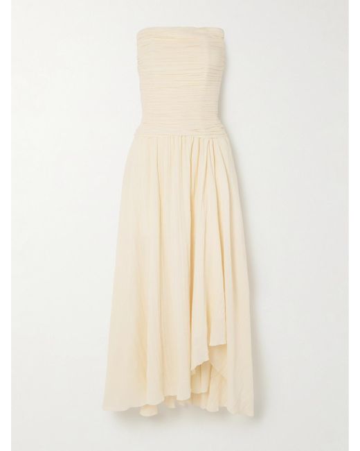 Staud Natural Hightide Strapless Asymmetric Gathered Cotton And Ramie-Blend Maxi Dress
