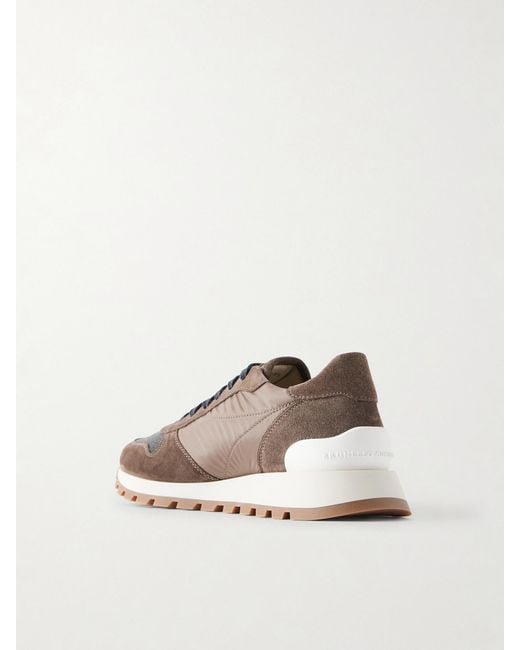 Brunello Cucinelli Brown Monilli Runner Bead-Embellished Shell And Suede Sneakers