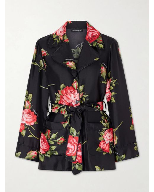 Dolce & Gabbana Black Belted Floral-Print Silk-Twill Shirt