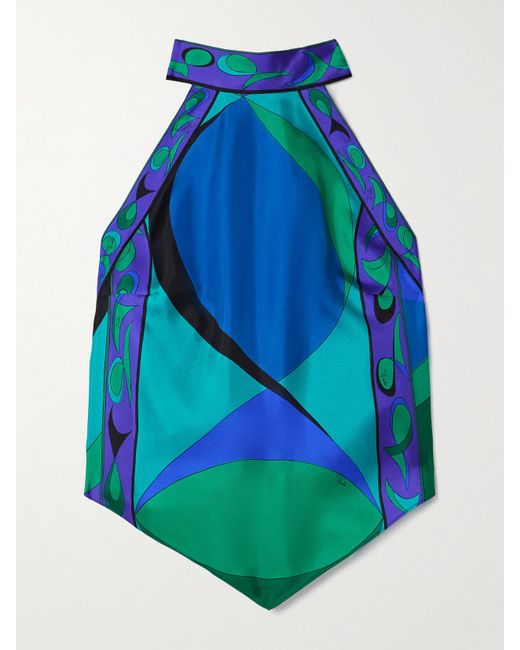 Emilio Pucci Blue Cropped Printed Silk-Twill Halterneck Top