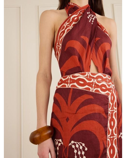 Robe Longue Dos Nu En Lin Imprimé À Découpe Johanna Ortiz en coloris Red