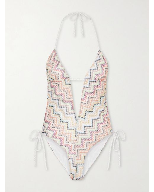Missoni White Striped Crochet-Knit Halterneck Swimsuit