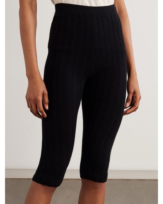 The Elder Statesman Black Diana Cropped Ribbed Cashmere Leggings